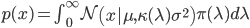 p(x) = int_0^infty mathcal{N}left(x| mu,kappa(lambda)sigma^2right) pi(lambda) dlambda